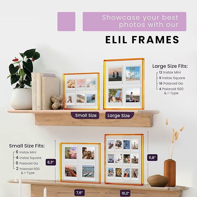 Elil Orange Polaroid Frame for Fujifilm Instax Film - 8.3" x 7.6" Collage Picture Frame for Family Wedding - Double Glass Acrylic Frame Set of 2