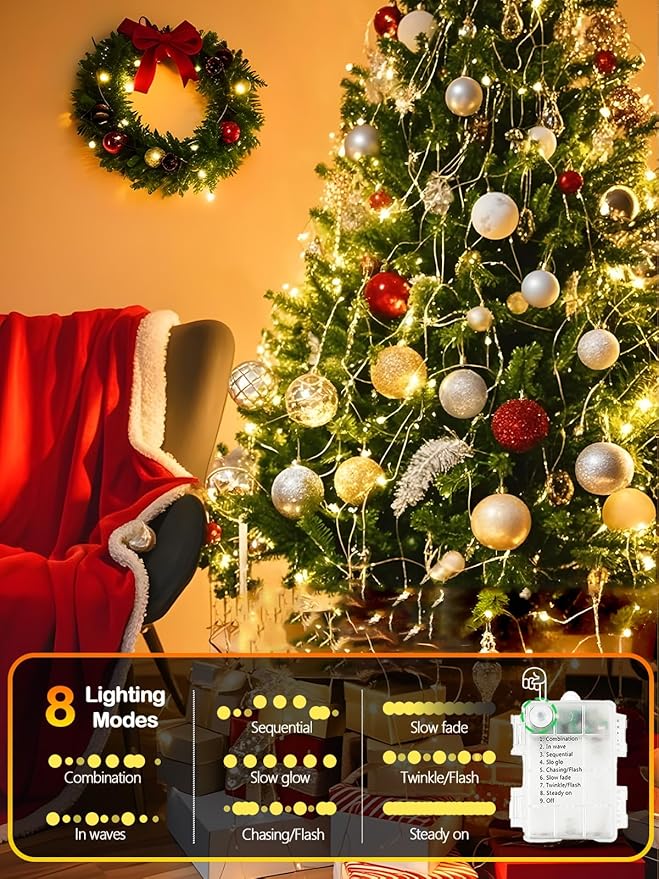 2 Pack 100 LED Fairy Lights Battery Operated with Remote, 33FT Waterproof Twinkle Lights with Timer & 8 Modes, Fairy String Lights Outdoor Indoor for Bedroom Classroom DIY Christmas Decor (Warm White)