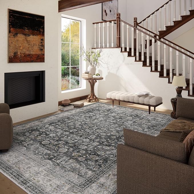 Machine Washable Rugs for Living Room: 6x9 Bedroom Rug Vintage Boho Area Rug Stain Resistant Non Slip Low Pile Lightweight Soft Carpets for Living Room Dining Room Kitchen Nursery Kids Room Farmhouse