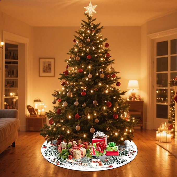 Christmas Tree Skirt 36 Inch,Snowman Reindeer Snowflake Xmas Decor, Winter Christmas Tree Mat for Home Party Holiday Indoor Outdoor Decorations