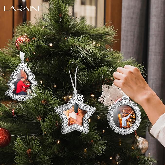 Laraine Christmas Tree Ornaments 3 Pieces – Decorative Hanging 2025 Rhinestones Pendant with Small Picture Frame Insert for Pet Holiday Keepsake Gift (Silver (2025))