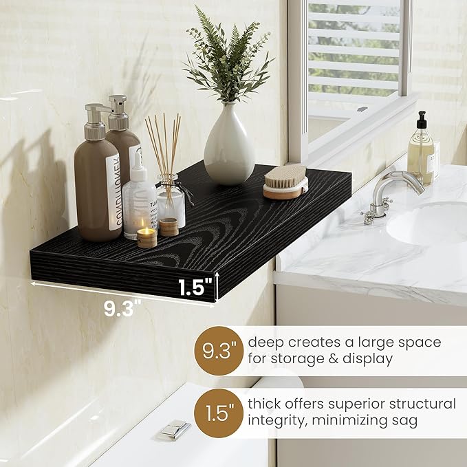 55 Inch Long Floating Shelves for Wall Set of 2, 55x9.3 Large Floating Shelf for Bedroom, Kitchen, Bathroom, Wall Mounted Rustic Wood Shelves with Invisible Bracket for Books, Decor, Black