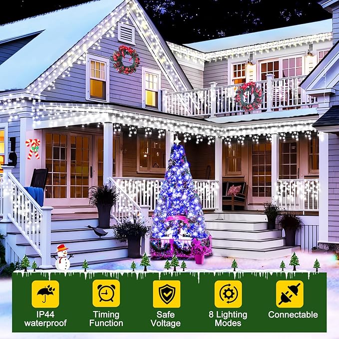 50FT 480 LED Christmas Lights Outdoor Decorations with 90 Drops Timer 8Mode Curtain String Lights Waterproof Plug in Fairy Lights for Indoor,Xmas,Party,Patio,Window,Fence,Trees Decor(Cold White)