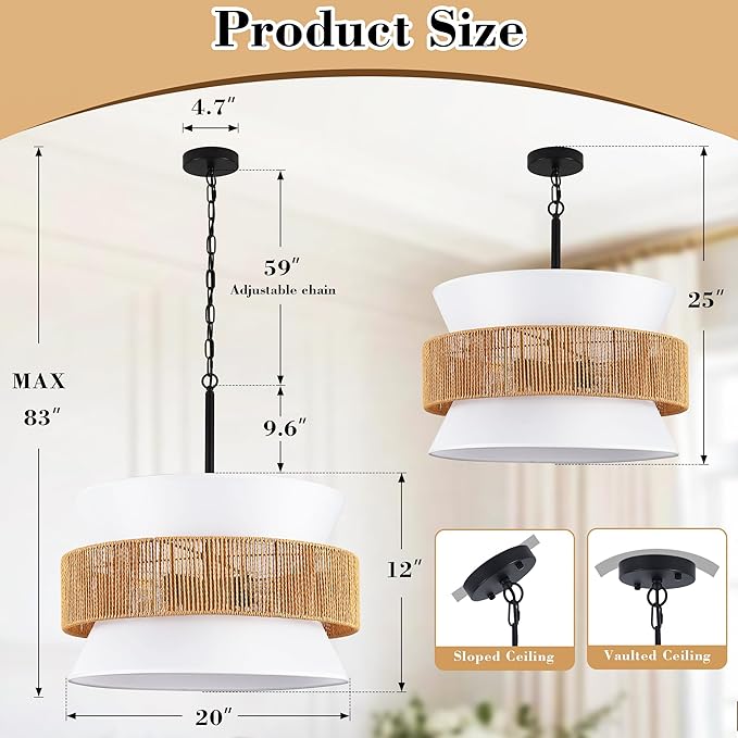 4 Lights Rattan Drum Chandelier - 20" Adjustable Boho Pendant Light with White Fabric Shade, Modern Wicker Chandeliers for Dining Room, Living Room, Kitchen, Bedroom