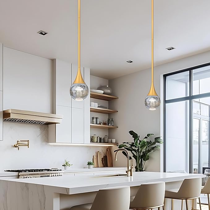 3-Pendant Lights Kitchen Island, Painted Gold Globe Crystal Ceiling Hanging Light Fxitures, LED Light Fixtures Metal Rod Ceiling Glass Pendant Lighting for Kitchen Island Dining Room Bar