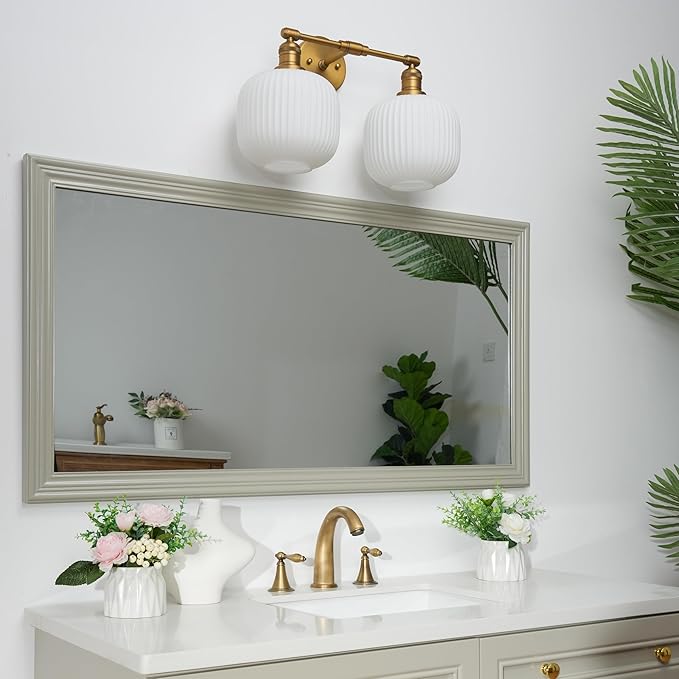 Pathson 2 Lights Milk White Globe Wall Sconce, Hardwired Antique Double Sconce for Living Room Home Decor, Striped Glass Bathroom Vanity Light, E26 Bulb Base