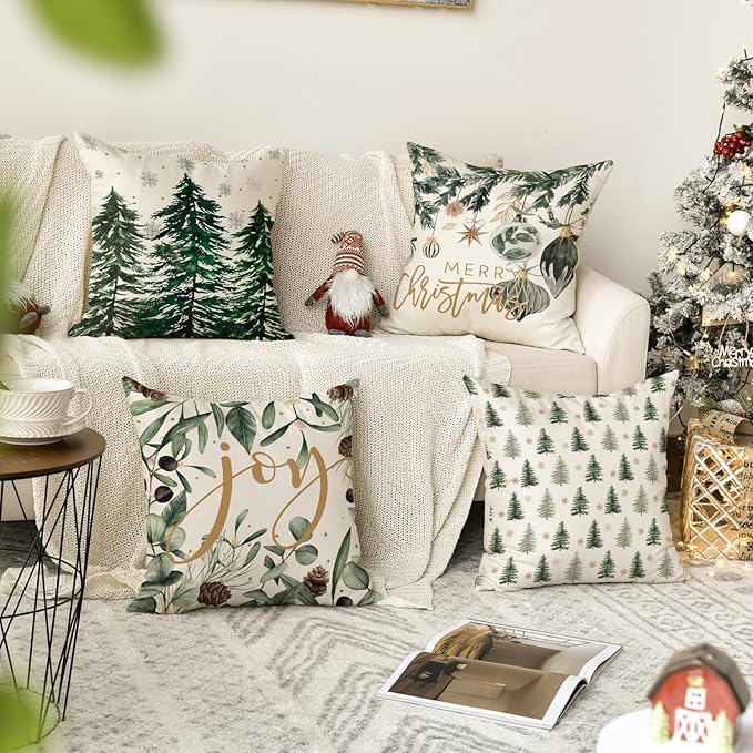 AVOIN colorlife Merry Christmas Trees Snowflake Throw Pillow Covers, 18 x 18 Inch Joy Xmas Balls Winter Holiday Cushion Case Decoration for Sofa Couch Set of 4