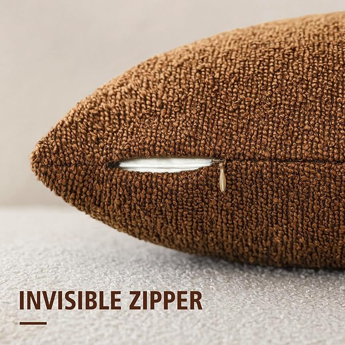 Foindtower Pack of 2 Modern Textured Boucle Throw Pillow Covers Accent Solid Decorative Pillow Cases Cozy Woven Couch Cushion Case for Chair Sofa Bedroom Living Room Home Decor 20x20 Inch Hazel Brown