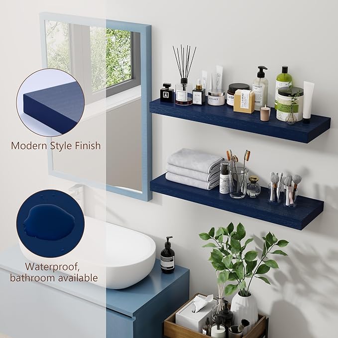 fuqing Dark Blue Floating Shelves | 24 Inch Floating Shelves for Wall Set of 2 | 24" W x 6.7" D x 1.4" H Blue Shelves for Bathroom Living Room Bedroom Kitchen