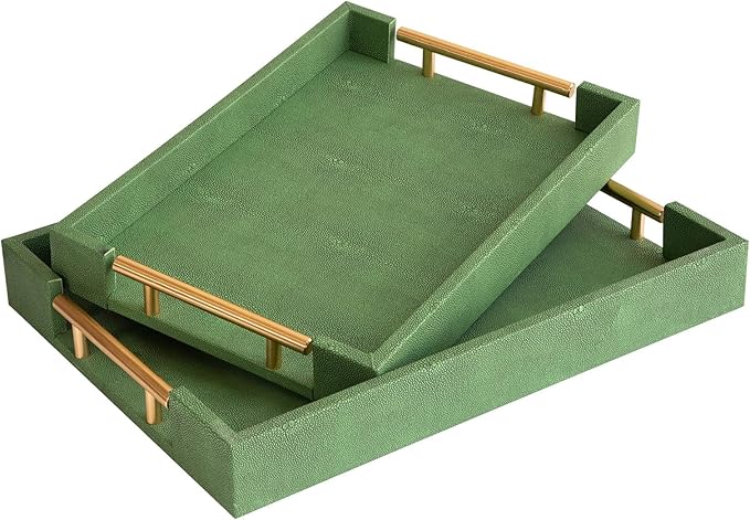 Decorative Tray Set of 2, Green Shagreen Leather Tray, Modern Elegant Rectangle Serving Trays with Gold Polished Metal Handles, Ottoman Trays Coffee Table Perfume Kitchen Home Decor