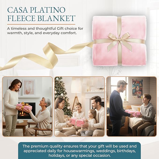 Casa Platino Queen Size Blanket – Pink Lightweight Fleece Throw for Bed or Sofa – Soft & Cozy Flannel 90x90 Blanket for Women, Teens or Dorms