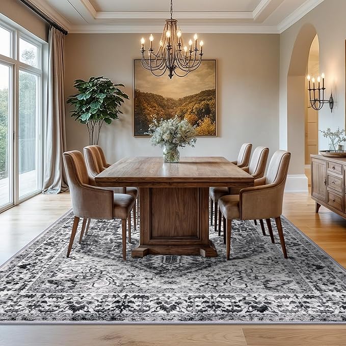 KOZYFLY Boho Area Rug 8x10 Ft Thin Rugs for Living Room Washable Bedroom Rug Non Slip Rugs for Dining Room Printed Faux Wool Rectangular Rug Floor Carpet for Dining Room Living Room, Grey
