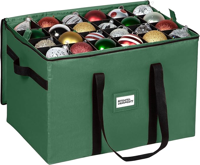 Christmas Ornament Storage Container,Box Stores Up to 96-4 inch ornaments, Adjustable Dividers, Large Organizer Bin to Protect and Store Holiday Décor - Green