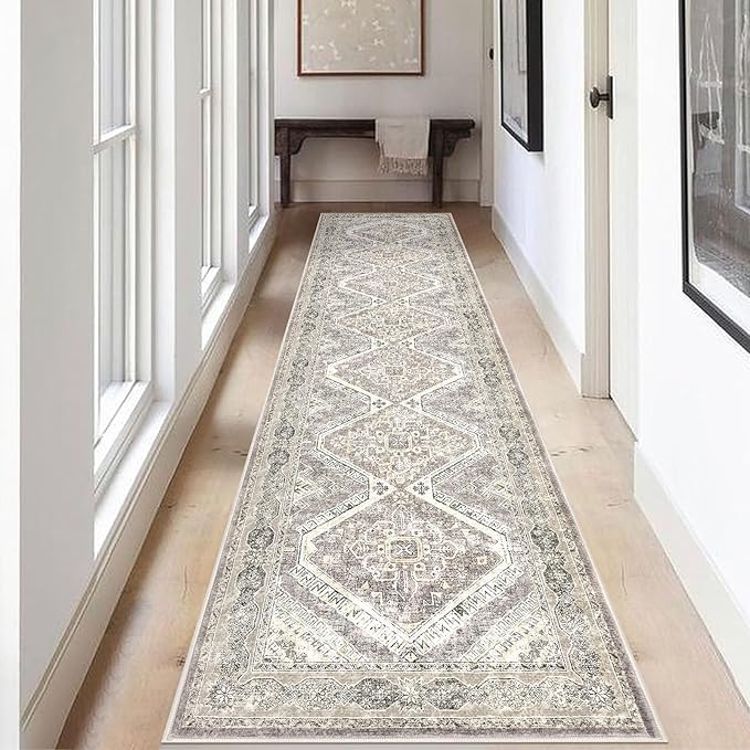 KUTA Oriental Kitchen Runner Rug, 2.6x10 Vintage Ivory Grey Yellow Brown Washable Hallway Rugs Non-Slip Ultra Soft Printed Distressed Tribal Floor Carpet for Bedroom Entryway Living Room