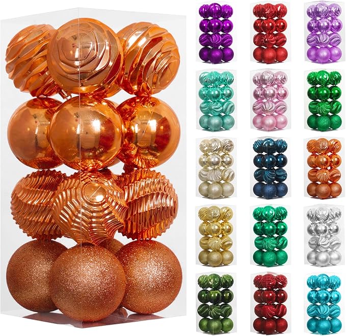 XmasExp 16ct Christmas Ball Ornaments Set Yellow Shatterproof Xmas Tree Hanging Decorations for Fall Thanksgiving Holiday Decor (Orange, 3.15“)
