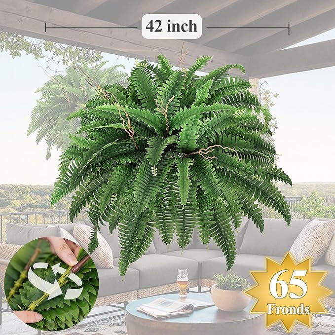 42” Artificial Boston Fern Bush Plant, 2 Faux Ferns for Outdoors Large, Fake Ferns Realistic Artificial Plants with 65 Fronds for Garden Porch Patio Home Office Living Room Decor Green