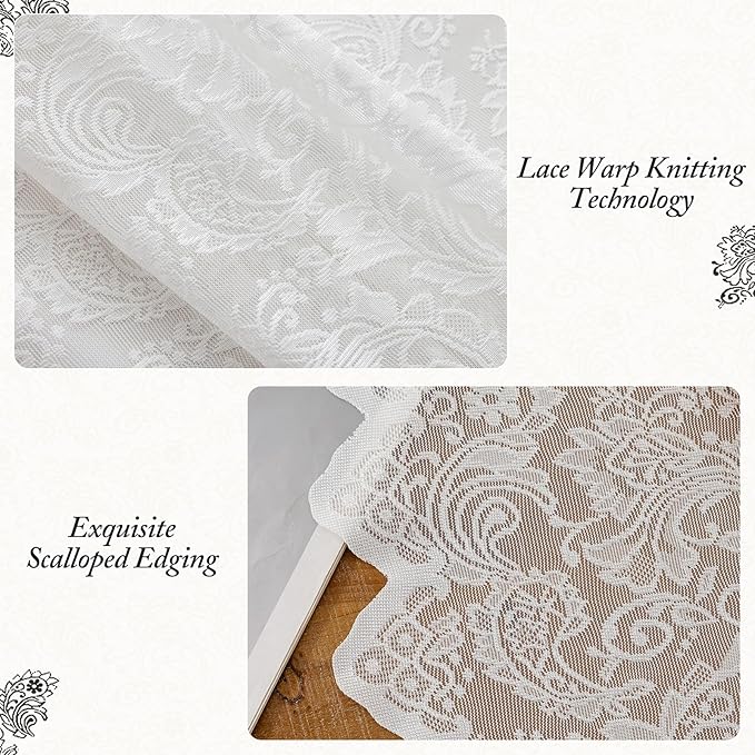 White Lace Sheer Curtains – Vintage Floral Lace for Bedroom/Kitchen, Victorian Privacy Light Filtering Rod Pocket Drapes, Delicate Chic Window Treatments Scalloped Hem, 52W x 54L Inch, 2-Panel