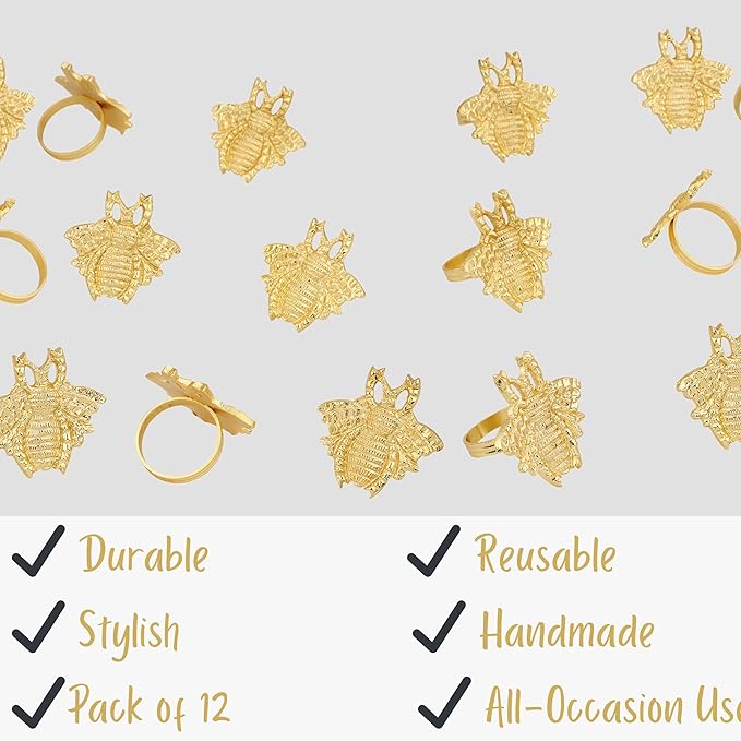 ALPHA Living HOME 12 Pcs Modern Bee Napkin Rings - Premium Metal Napkin Rings Table Decor Napkin Ring, Dining Cloth Napkin Holder for Wedding, Party, Christmas, Everyday Dining (Gold)