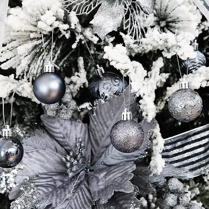 34ct Grey Mini Christmas Ball Ornaments Shatterproof Plastic Christmas Tree Decorations for Xmas Party Home Office Holiday Decor -Small Size (1.57"/ 40mm)