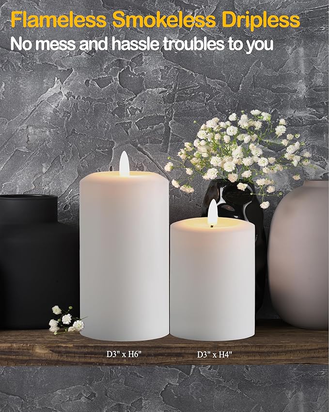 3"x4" Flickering Flameless Candles with Remote Timer, Real Wax, White Pillar Candles, Set of 3 Large LED Battery Operated Candles for Home, Fireplace, Centerpiece, Rustic and Farmhouse Decor