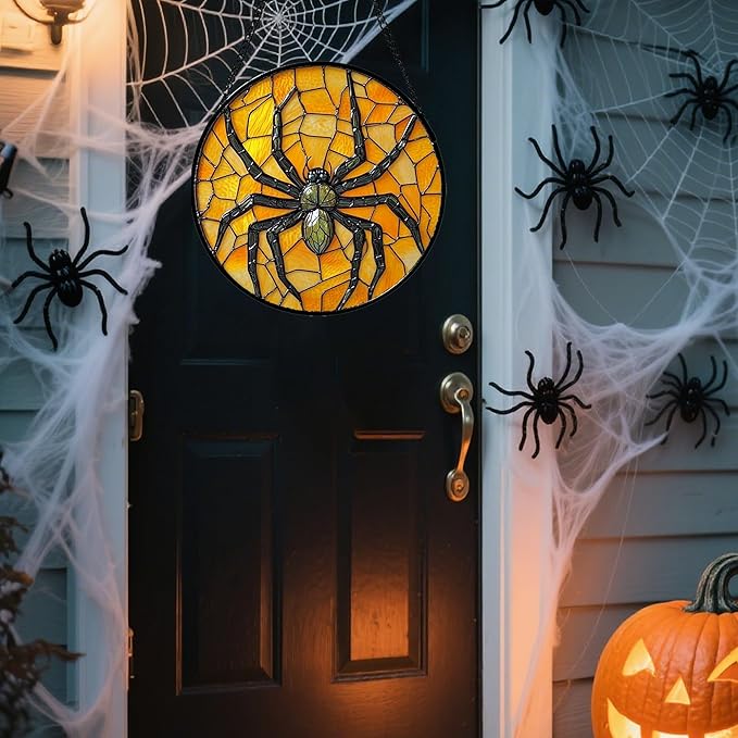Stained Glass Window Hanging - Halloween Decorations Black Spider Suncatcher for Doors Garden Indoor Spooky Funny Sun Catchers Gothic Decor Horror Gifts for Women Men Friend 11.8 in