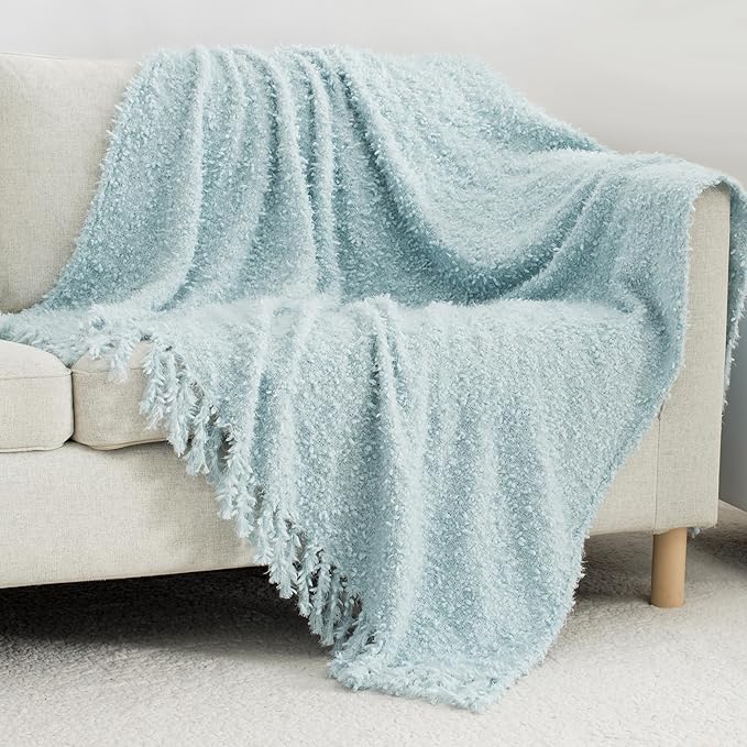 Winter Knit Throw Blanket Fluffy Fuzzy Soft Lightweight Cozy Farmhouse Tassels Chunky Knitted Throws for Couch Sofa Bed (Dream Blue, 50"x60")