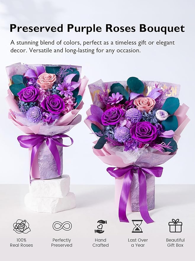 Eterfield Flowers for Delivery Prime, Christmas Forever Flowers Bouquet, Preserved Roses and Purple Flowers Birthday Gifts for Her Women Wife Mom Grandma Graduation Valentine's Day Mother's Day