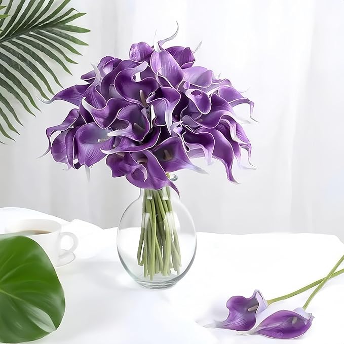 Realistic Calla Lily Artificial Flowers - 13.5" Latex Real Touch Faux Lilies for Wedding Bouquets, UV Resistant Outdoor Decor & Home Centerpieces (6, Purple)