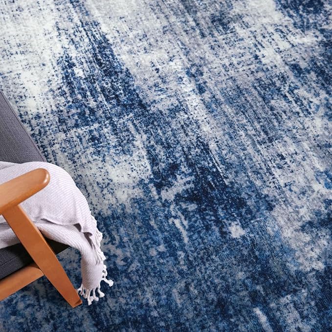 IOHOUZE Abstract Round Area Rug 8 Ft Washable Circle Rugs Large Round Rug Non Slip Thin Soft Circle Rugs, Printed Faux Wool Floor Carpet for Bedroom Living Room Dining Room Nursery, Navy/Grey