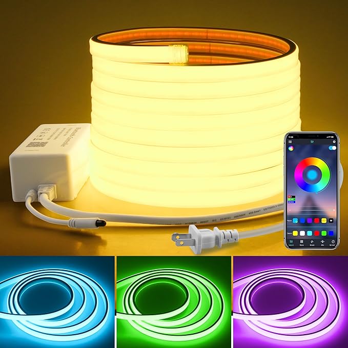 16.4FT 110V RGB COB LED Strip Light with Remote Smart Waterproof Outdoor RGB COB Neon Rope Light 576LEDs/M Color Changing Dimmable LED Light Strip AC 110V~130V for Bedroom Home Commercial Lighting