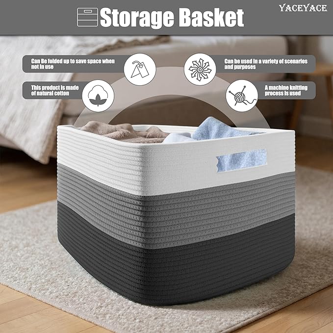 Storage Basket for Shelves, 3 Pack Cotton Blend Storage Bins with Handles, Foldable Woven Baske for Toys, Clothes, Storage, 15''Lx10''Wx9''H