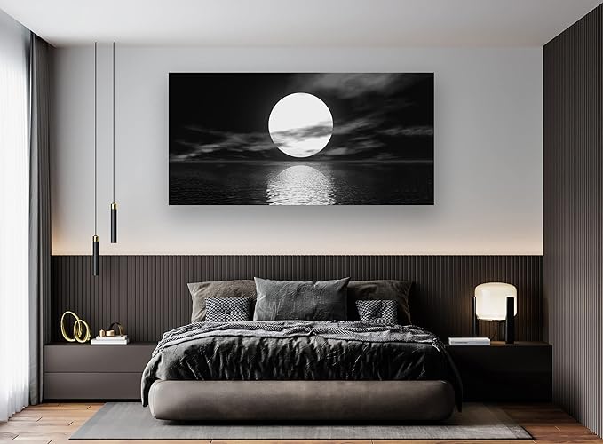 Cao Gen Decor Art S06475 Wall Art Canvas Sea White Full Moon in Night Picture Canvas Poster Print Black and White Ocean for Living Room Bedroom Kitchen Home Decorations Framed Artwork