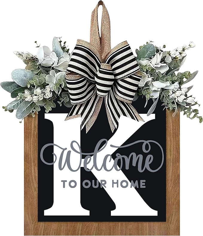 14’’ Last Name All Year Round Front Door Wreath, 26 Letter Welcome Sign Door Wreaths for Front Door Outside, Welcome Garland and Eucalyptus and Bow Suitable for All Seasons for Outdoor Decoration (K)