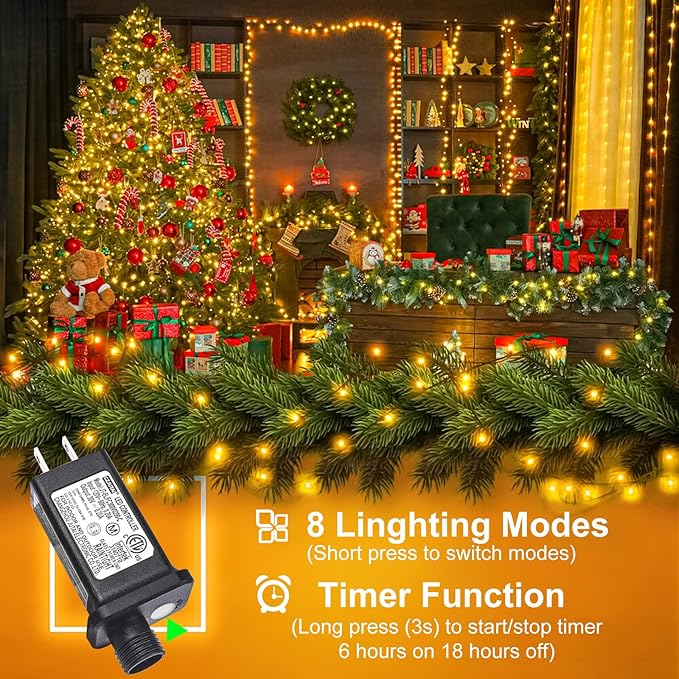 66FT 200 LED Christmas Lights Outdoor, Warm White Christmas Tree Lights with 8 Modes Waterproof, Connectable String Fairy Light Green Wire for Indoor Patio Wedding Xmas Party Decorations