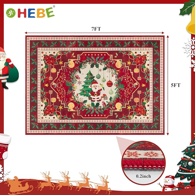 HEBE Christmas Area Rug 5'x7', Non Slip Farmhouse Red Rugs for Living Room, Washable Soft Area Rugs for Bedroom Christmas Low Pile Indoor Floor Carpet for Dining Room Xmas Holiday Decor
