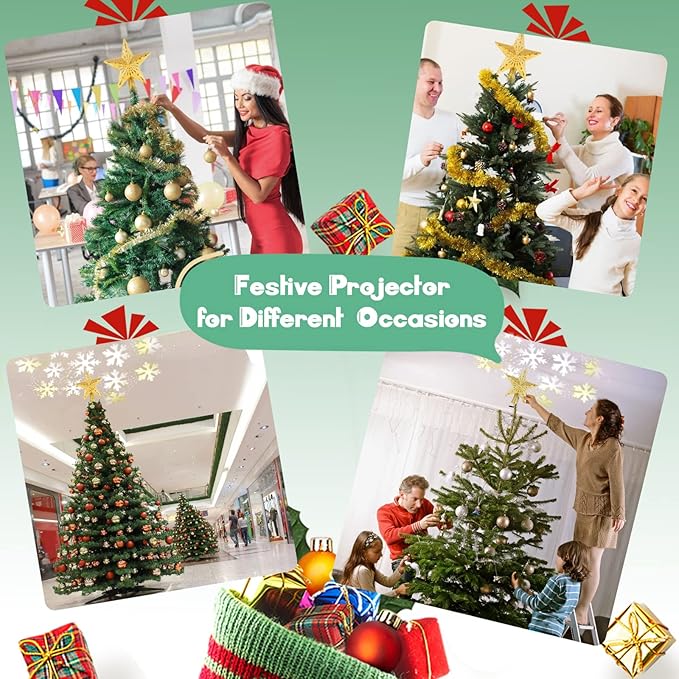 Christmas Tree Topper Star Lighted with Rotating Snowflake LED Projector, Gold Star 3D Glittered Christmas Xmas Tree Decorations Projector Angle Adjustable