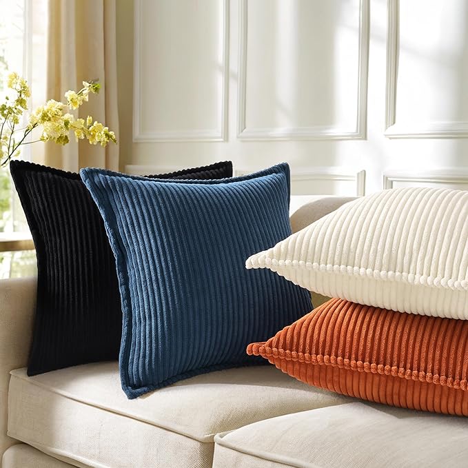 decorUhome Corduroy Navy Blue Throw Pillow Covers 24x24 Set of 2 Decorative Soft Boho Farmhouse Euro Couch Pillow Covers for Living Room Bed Sofa Broadside Striped Pillow Cases
