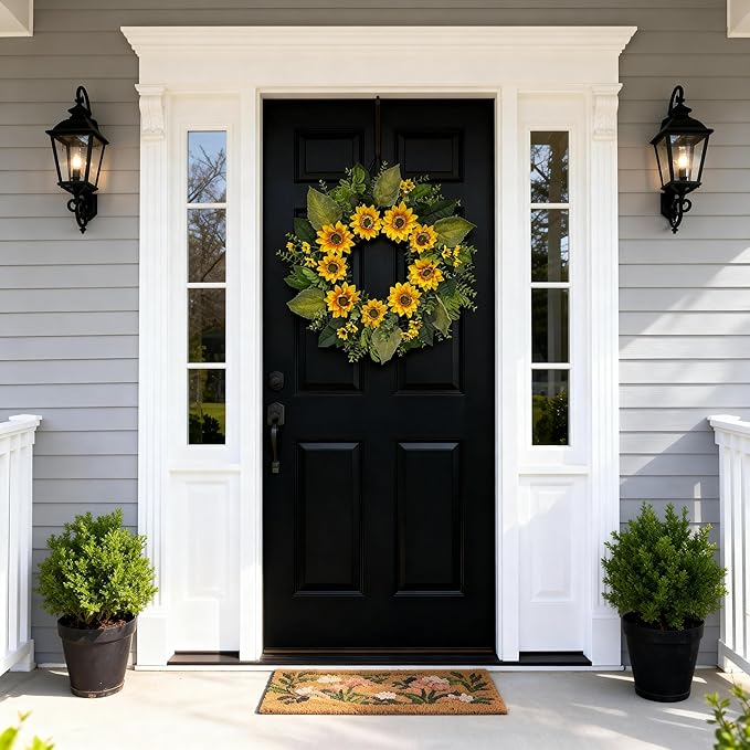 24 Inch Sunflower Wreath for Front Door – Artificial Spring Summer Wreath with Greenery, Ferns & Boxwood Leaves – Bright Yellow Floral Farmhouse Door Decor for Home Porch Wall Indoor Outdoor