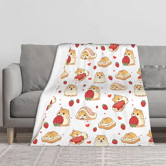 Hamster Strawberry Throw Blanket Soft Plush Fleece Blankets Warm Cozy Lightweight Fuzzy Blanket for Bed Sofa Couch Home Decor 60"X50"