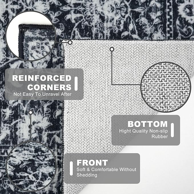 KILOCOCO Hallway Runner 2x8 Rug Runner Printed Vintage Floral Washable Kitchen Runners Non-slip Rubber Backed Runners for Hallways Distressed Thin Soft Rugs for Entryway Laundry Room, Black/Navy/White
