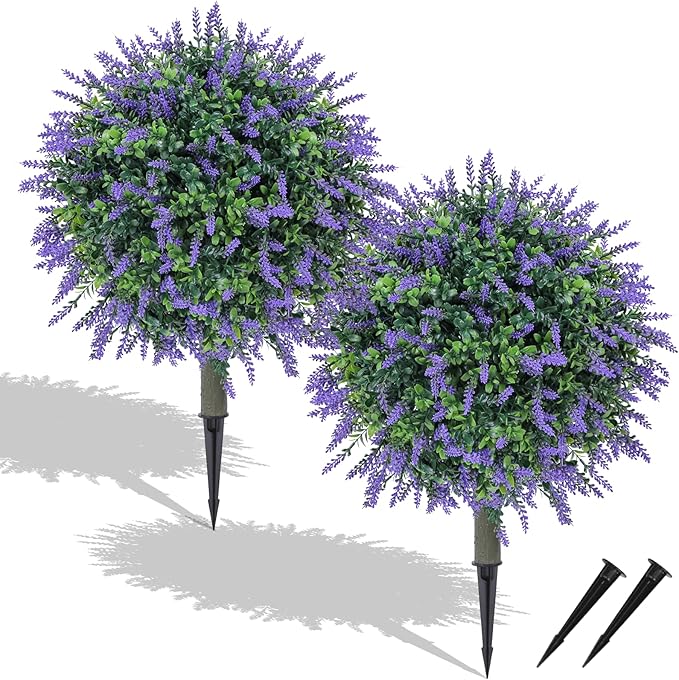 UV Resistant PE Artificial Lavender Topiary Balls (25") - 2 Pack Boxwood Bushes Maintenance Faux Shrubs with Ground Spike for Front Porch, Garden & Indoor Decor