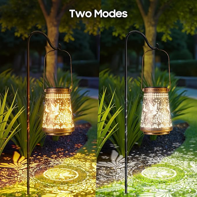 2 Pack Solar Lanterns Outdoor Waterproof Birthday Gifts for Women Mom Grandma, Hollowed-Out Metal Hummingbird Hanging Solar Lantern Lights Outdoor Decor, 2 Modes Lights Decor for Yard, Patio