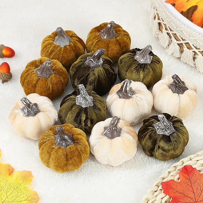 12pcs Fall Pumpkins Decor Set,Artificial Mini Pumpkins for Decorating, Velvet Mixed Fall Pumpkin Decor for Halloween Thanksgiving Harvest Table Centerpieces (Olive Green&Dark Green&Cream)