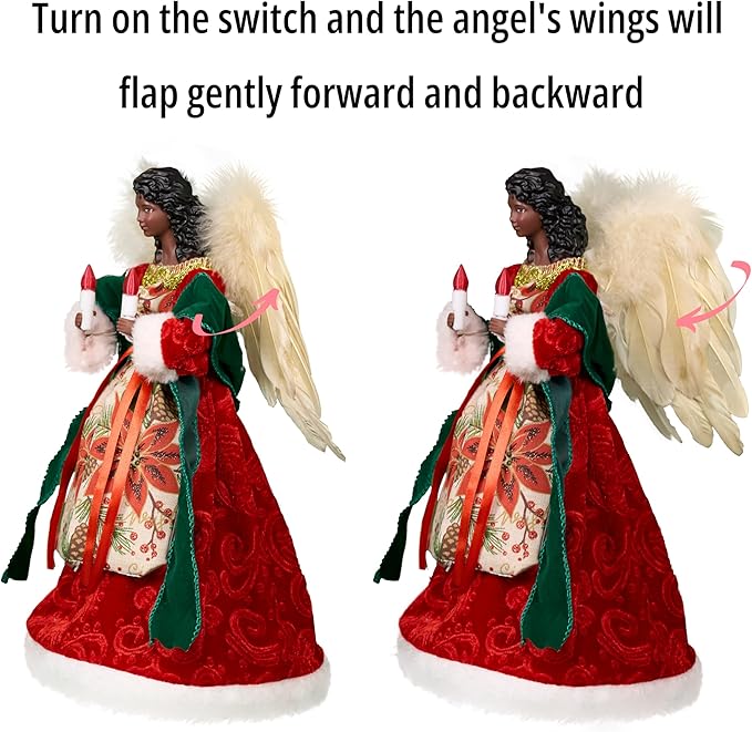 Moving Black Angel Tree Topper with Lights, 12-Inch Red Cloth Lighted African American Decoration Holding Candles, Plug in and Battery Operated, Long Power Cord
