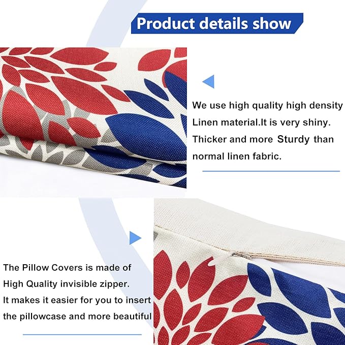 Decorative Throw Pillow Covers Set of 2 Red Blue Pillow Covers 16x16 Inch Couch Pillow Covers for Sofa Living Room Outdoor Throw Pillow Cover Linen Square Floral Flower Farmhouse Pillowcase