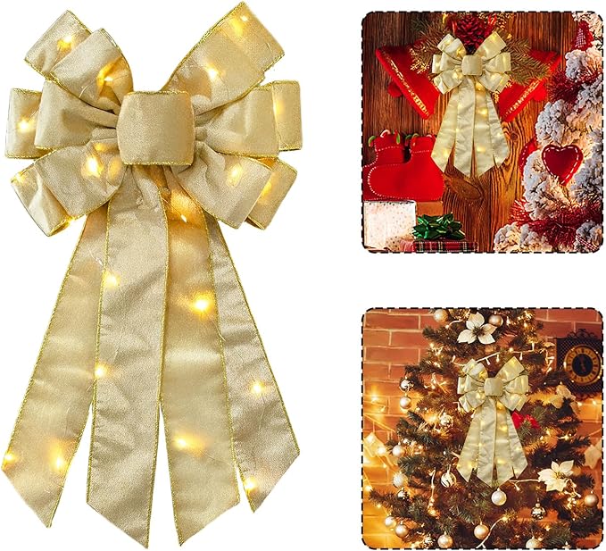 Hying Large LED Christmas Bows for Wreath, Merry Christmas Wreath Bow Champagne Velvet Bows with LED Lights Xmas Tree Topper Bows for Front Door Happy New Year Christmas Party Decoration Supplies