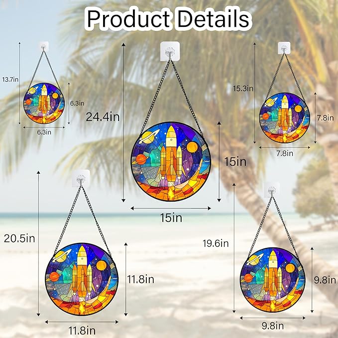 Stained Glass Window Hanging Abstract Universe Planetary Rocket 7.8" - Suncatcher Door Garden Sun Catcher Home Decor Birthday Children's for Men Teenage Boys Kids