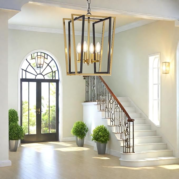 WJShome 4-Light Black and Gold Chandelier,Farmhouse Hanging Lantern Pendant Light,Industrial Ceiling Foyer Lighting Fixtures, Adjustable Height Modern Chandelier,for Kitchen Island,Hallway,Entryway