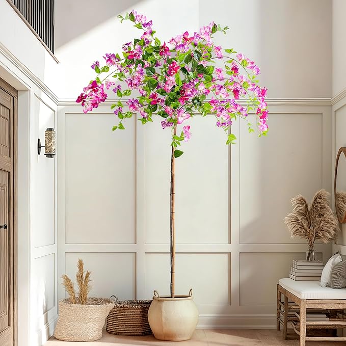 7.2FT Artificial Bougainvillea Tree Artificial Tree Tall Potted Fake Bougainvillea Trees for Outdoor Indoor Lifelike Potted Faux Plants with Wood Trunk and Flowers Office Wedding Home Decor