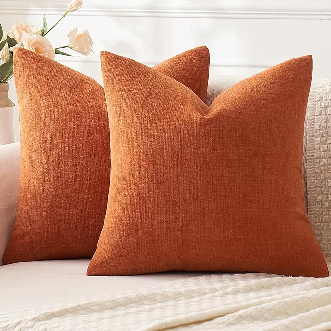 MIULEE Burnt Orange Couch Pillow Covers 20x20 Inch, Set of 2 Soft Chenille Decorative Square Throw Pillow Covers Farmhouse for Sofa Living Room Bed